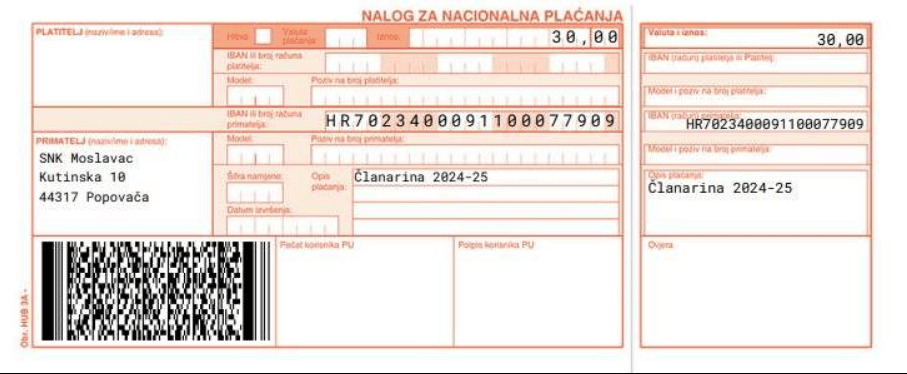 Primjer ispunjene uplatnice